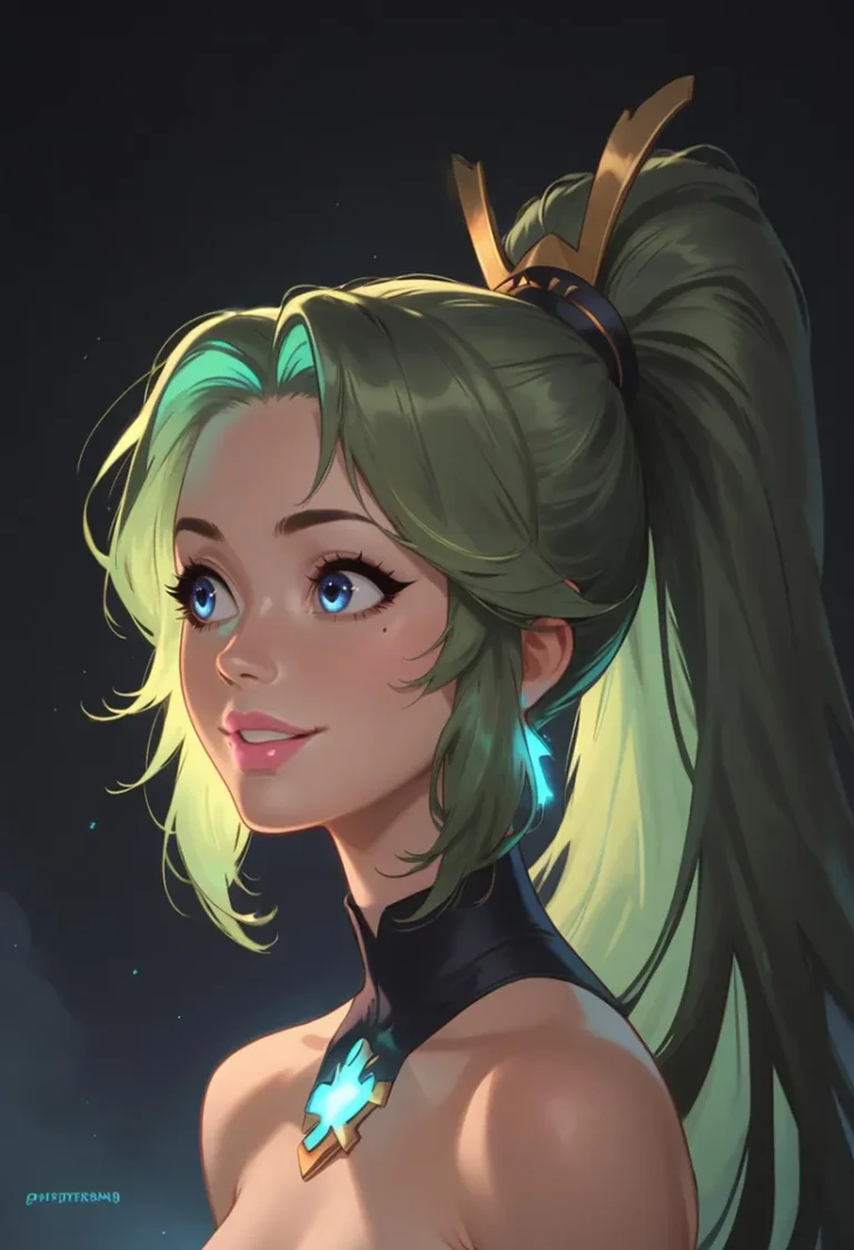 Anime-style girl with green hair in ponytail, wearing glowing accessory around neck and large, expressive blue eyes. AI generated image using Stable Diffusion.