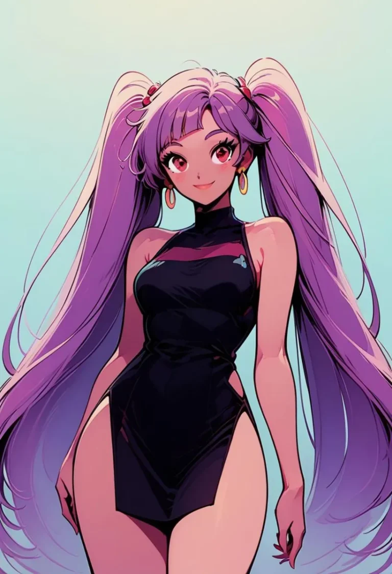 An AI generated image using stable diffusion of an anime girl with purple hair, long twin tails, wearing a black dress with cut-out sections.