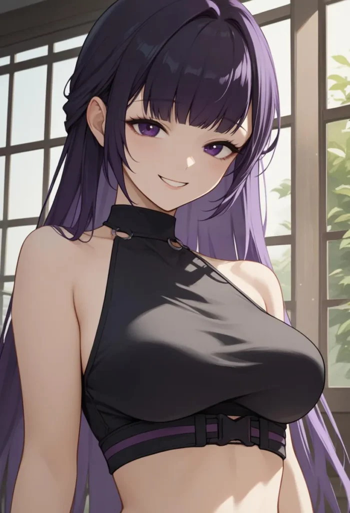 An AI generated image using Stable Diffusion of an anime girl with long purple hair, wearing a black halter top, standing indoors with a soft smile and natural light from the window creating a serene atmosphere.