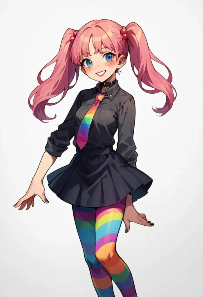 Anime girl with pink hair wearing a black shirt, rainbow tie, and rainbow tights. AI-generated image using Stable Diffusion.