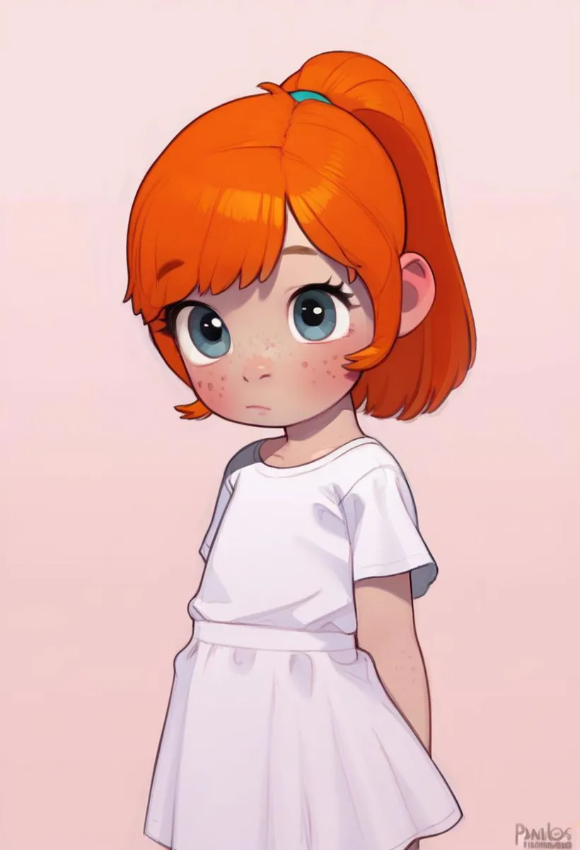 AI generated image of a cute anime girl with red hair tied in a ponytail, large blue eyes, wearing a white dress, and a neutral expression.
