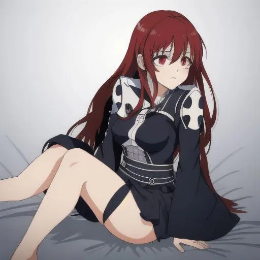 An AI generated image using stable diffusion of an anime girl with long red hair sitting on a bed.