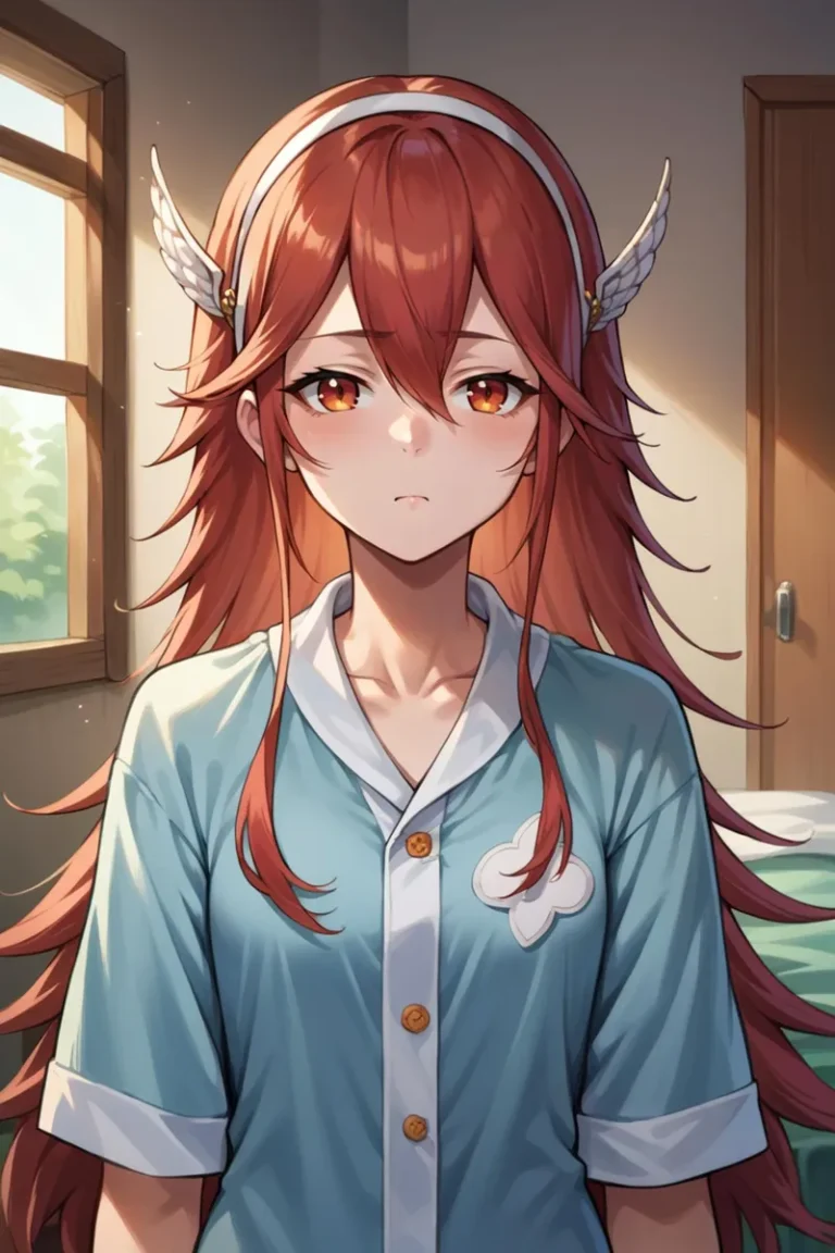 Anime style image of a red-haired girl with wing-shaped hair clips, wearing a blue shirt with a cloud emblem, created using Stable Diffusion.