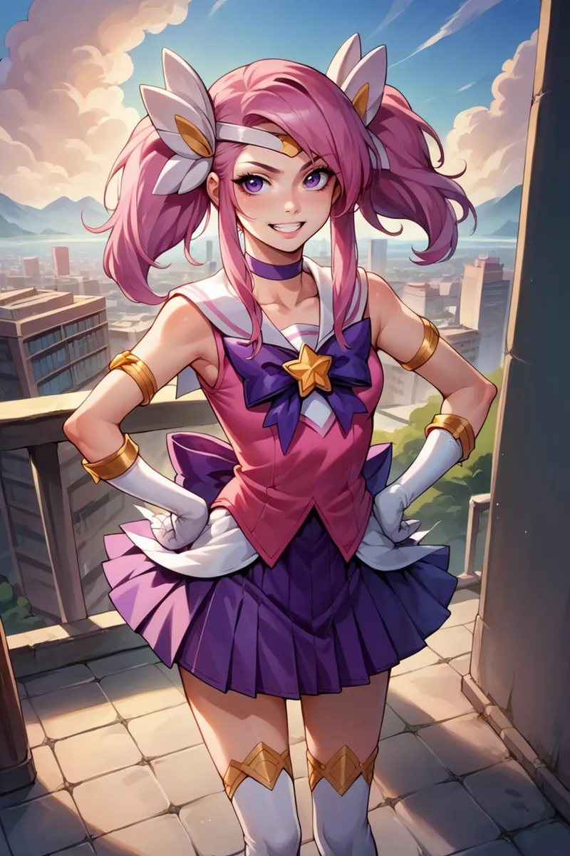Anime girl with pink hair in a magical sailor suit outfit standing on a rooftop, AI generated image using Stable Diffusion.