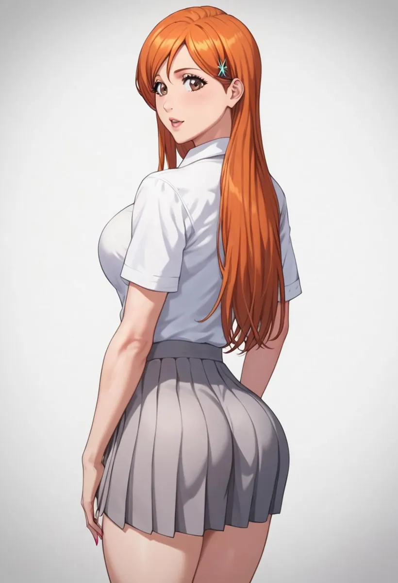 Anime girl with long red hair, wearing a short-sleeved white blouse and a pleated grey skirt, illustrated using Stable Diffusion AI.