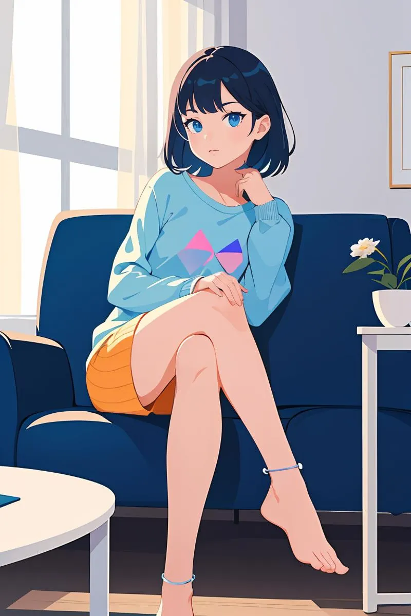 Anime girl with short black hair and blue eyes, sitting on a blue sofa wearing a light blue sweater and orange skirt, an AI generated image using stable diffusion.