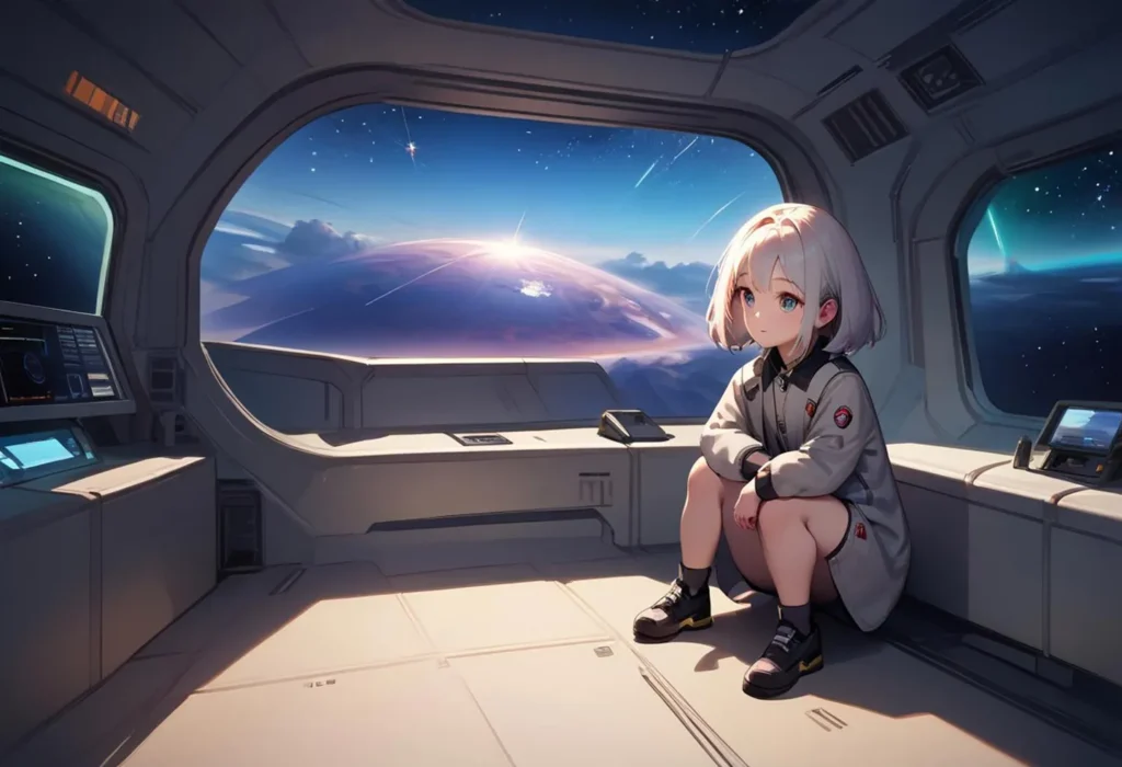 A young anime girl with short white hair and big blue eyes sitting in a futuristic spaceship, gazing thoughtfully out a large window at a celestial scene with planets and stars. Stable Diffusion AI generated.