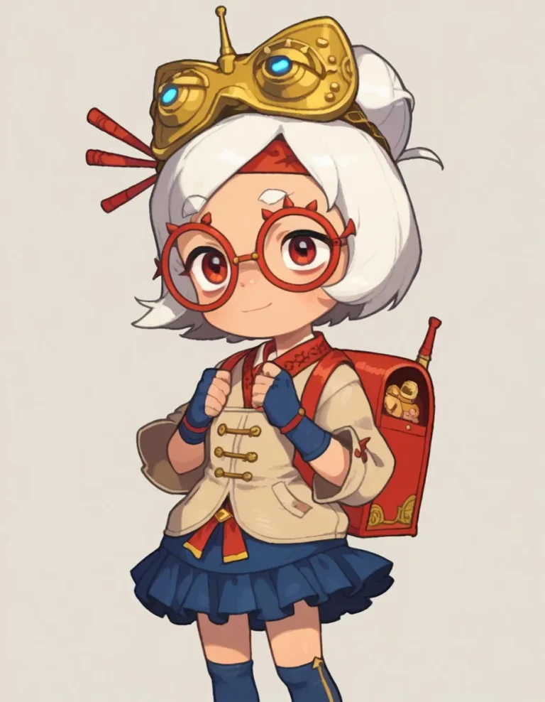 An AI generated image using stable diffusion features an anime girl with white hair, large red glasses, a steampunk outfit and a red backpack.