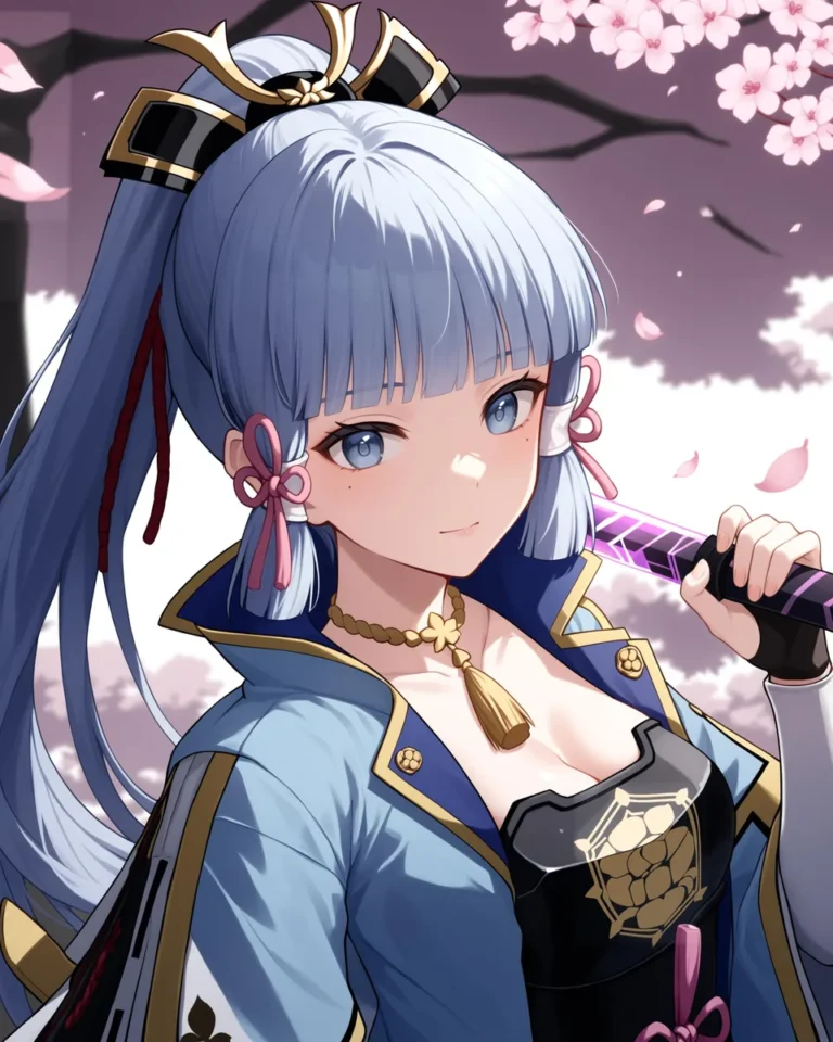Anime-style girl with long blue hair in a ponytail, holding a katana sword, standing under blooming sakura trees. Created with AI using Stable Diffusion.