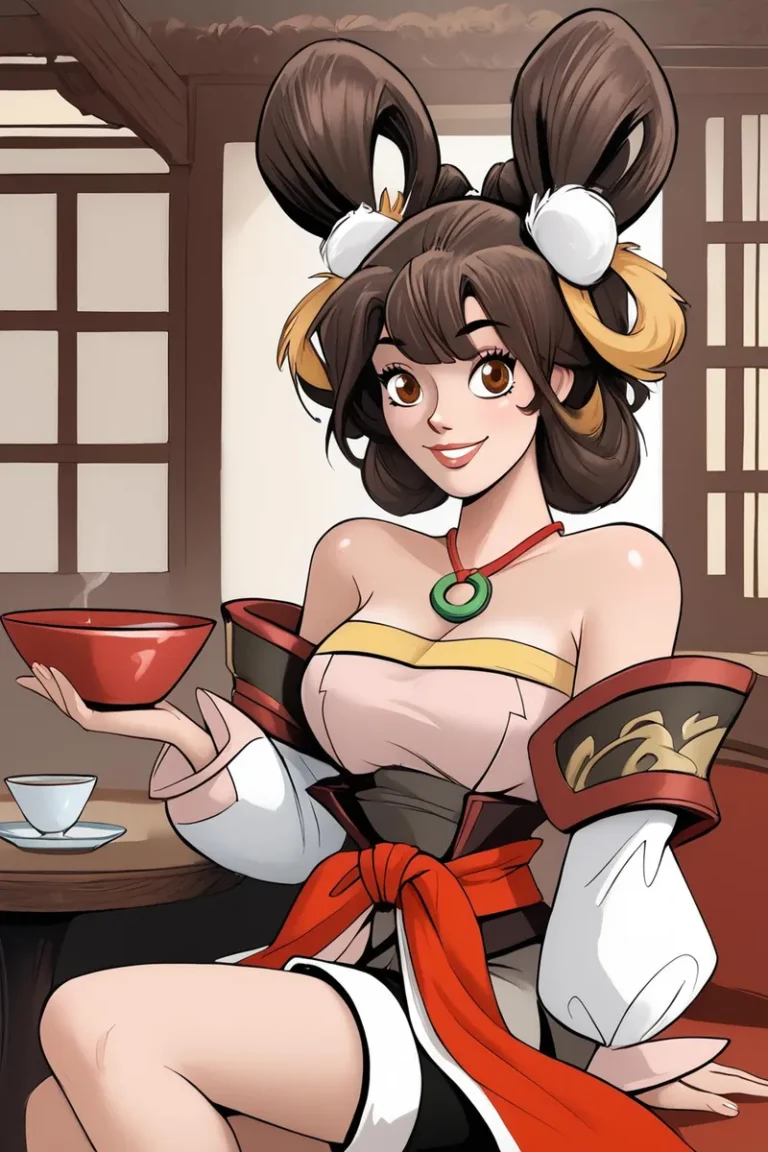 A smiling anime girl with elaborate hair, dressed in traditional attire, holding a red bowl of tea in a traditional setting. AI generated image using Stable Diffusion.