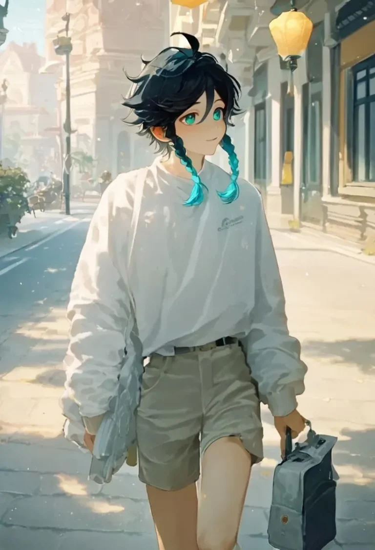 An anime character girl with short black hair and turquoise braids, wearing a white sweater and khaki shorts, walking through a sunlit city street created using Stable Diffusion.