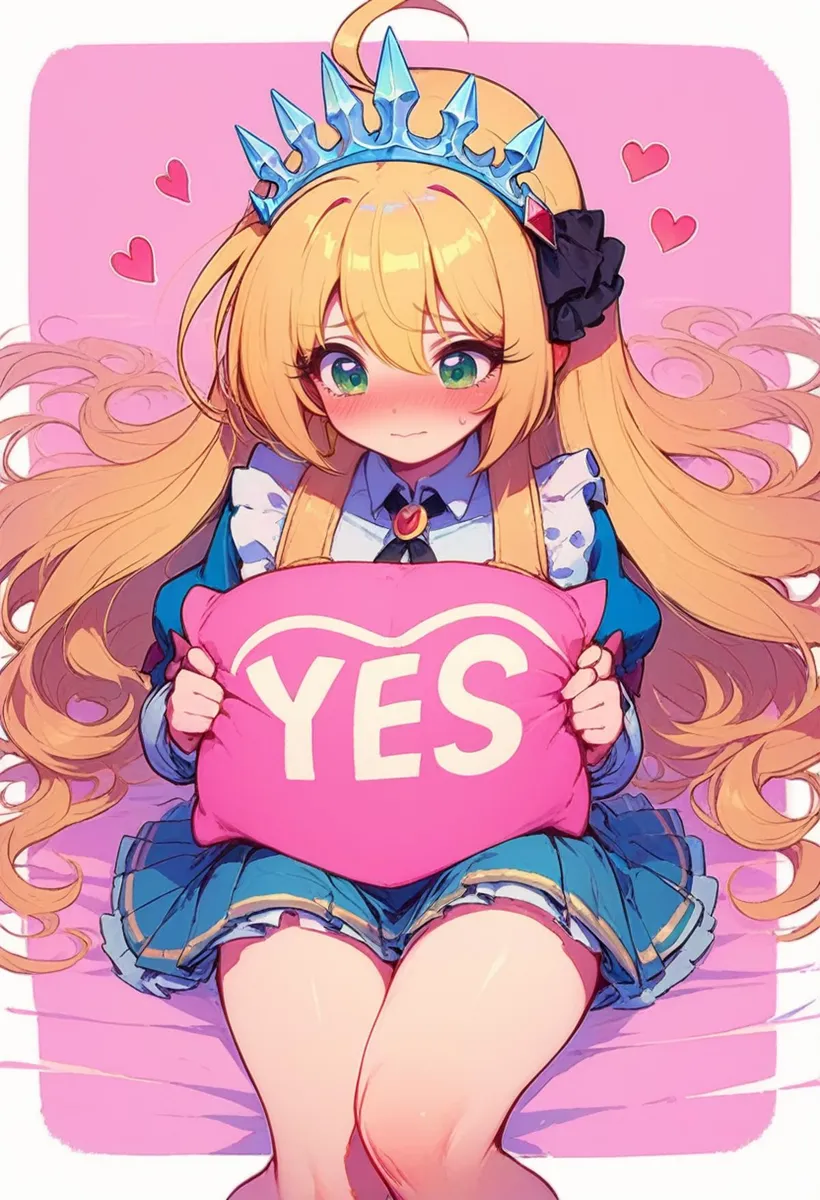 Anime girl with long blonde hair and a blue crown-like headband holding a pink pillow with the word YES using stable diffusion.