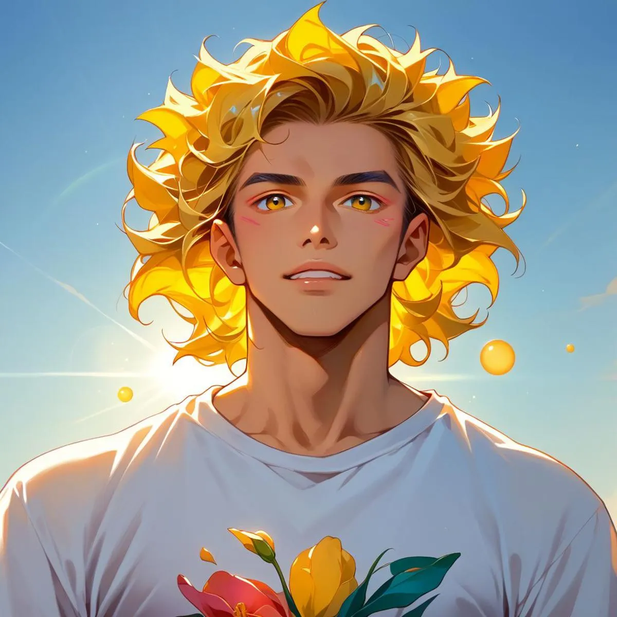 Anime character with bright golden hair and vivid yellow eyes, smiling in a sunlit environment while holding colorful flowers. This is an AI generated image using Stable Diffusion.