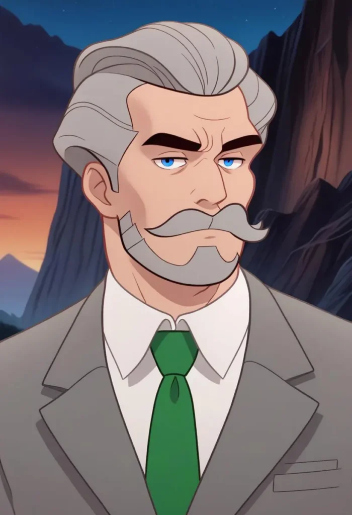 Anime-style portrait of a distinguished gray-haired man with a mustache and beard, wearing a suit and green tie, created using Stable Diffusion.