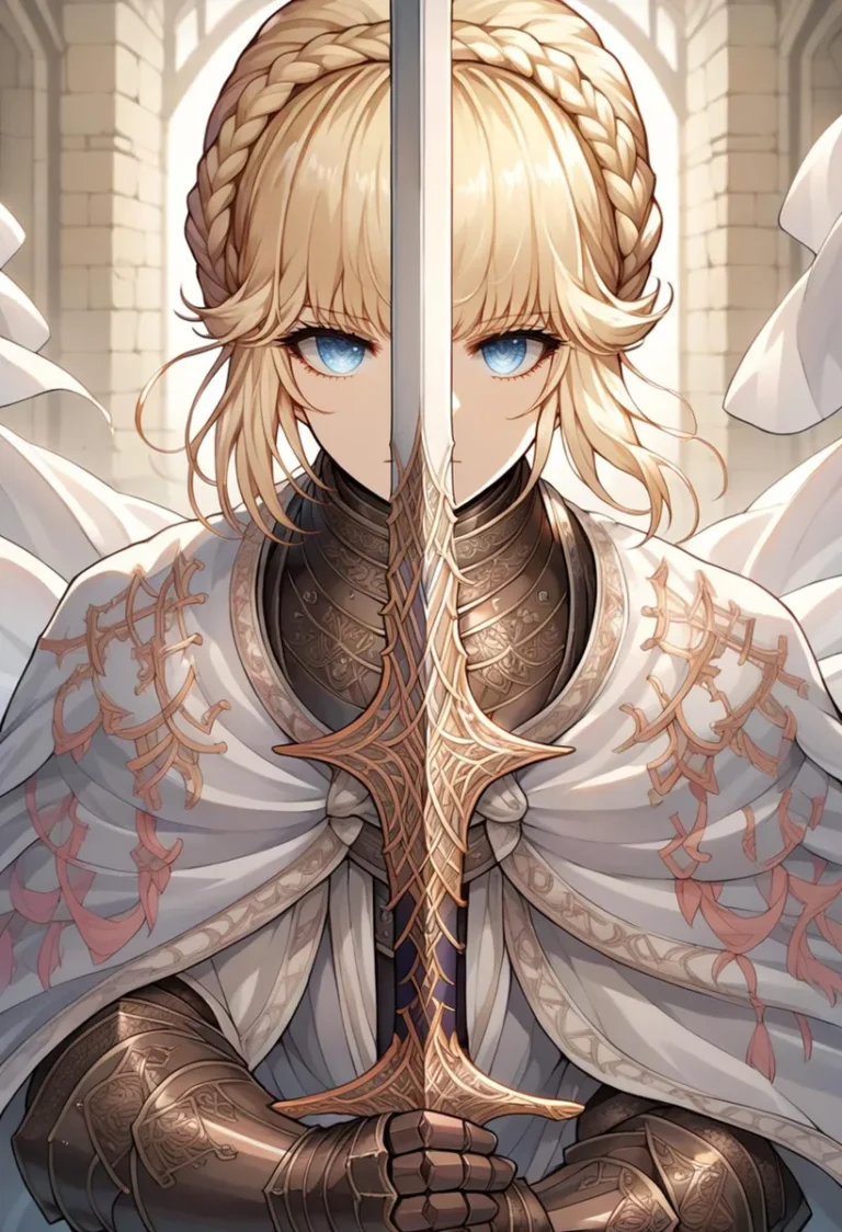 Anime knight with blonde hair, blue eyes, and intricate armor holding a sword. AI generated image using Stable Diffusion.