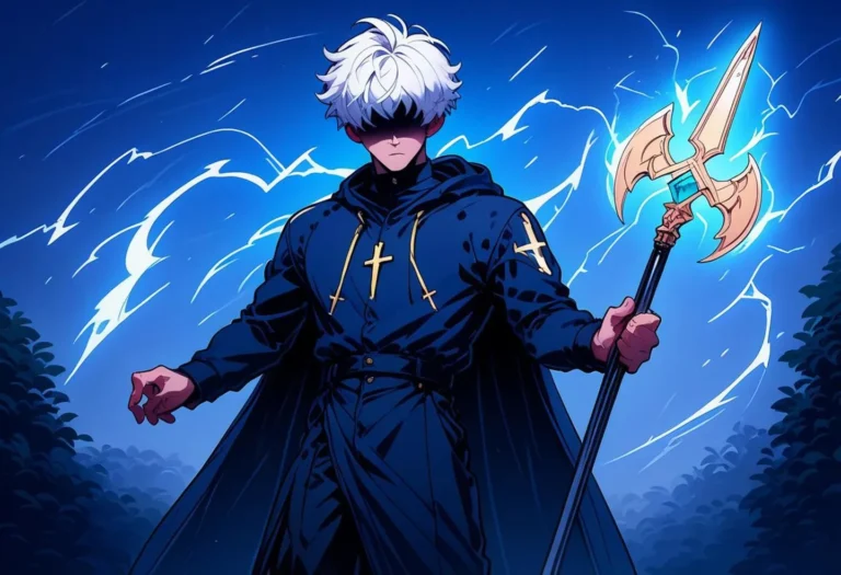 An AI generated image using stable diffusion of an anime-style mage with white hair holding a glowing, magical staff in a stormy background