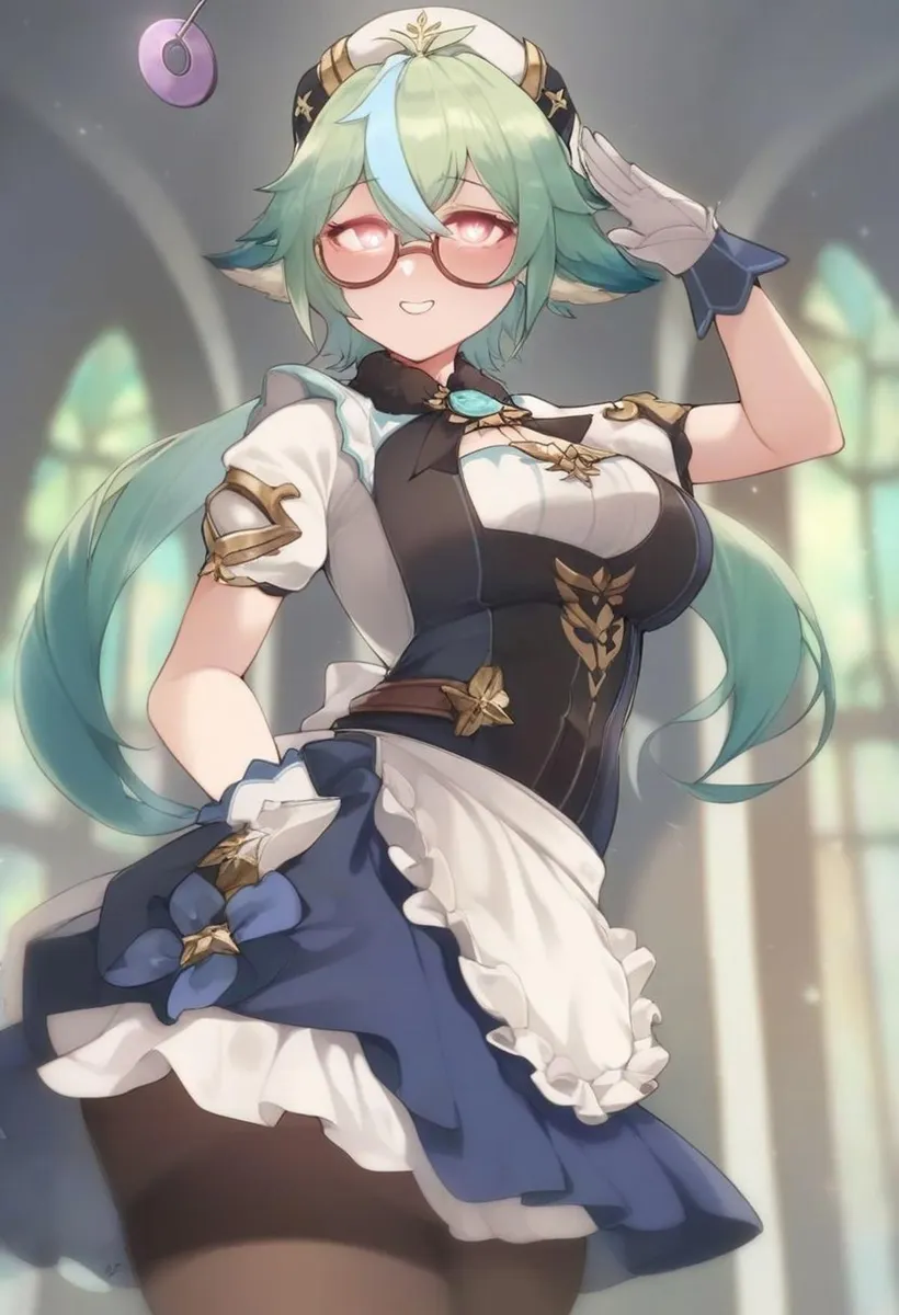 Anime maid with green hair and glasses. AI generated image using Stable Diffusion.