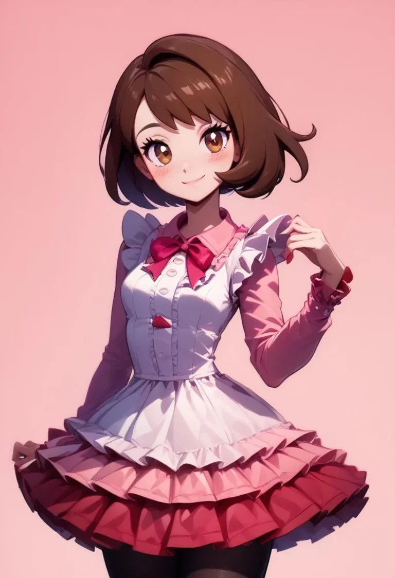 Cute anime girl dressed as a maid with a pink bow, AI generated with Stable Diffusion.