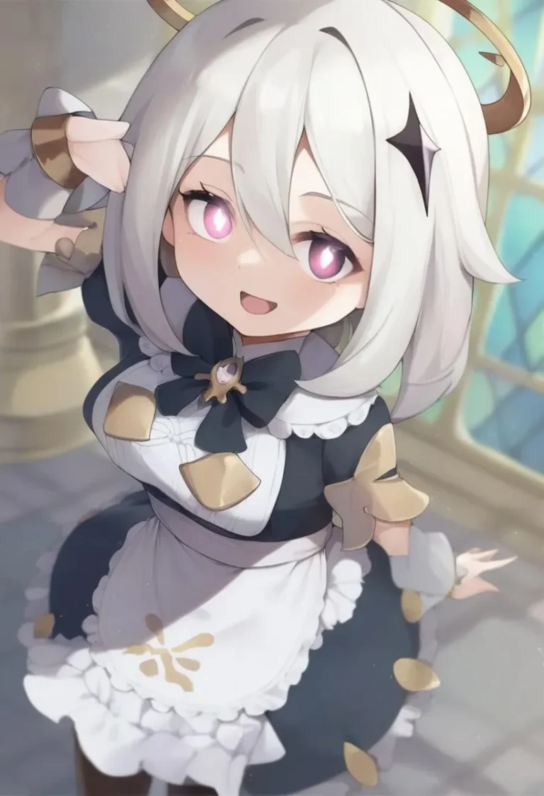 A cute anime girl with silver hair and pink eyes, dressed in a black and white maid outfit with golden accents, AI-generated using Stable Diffusion.