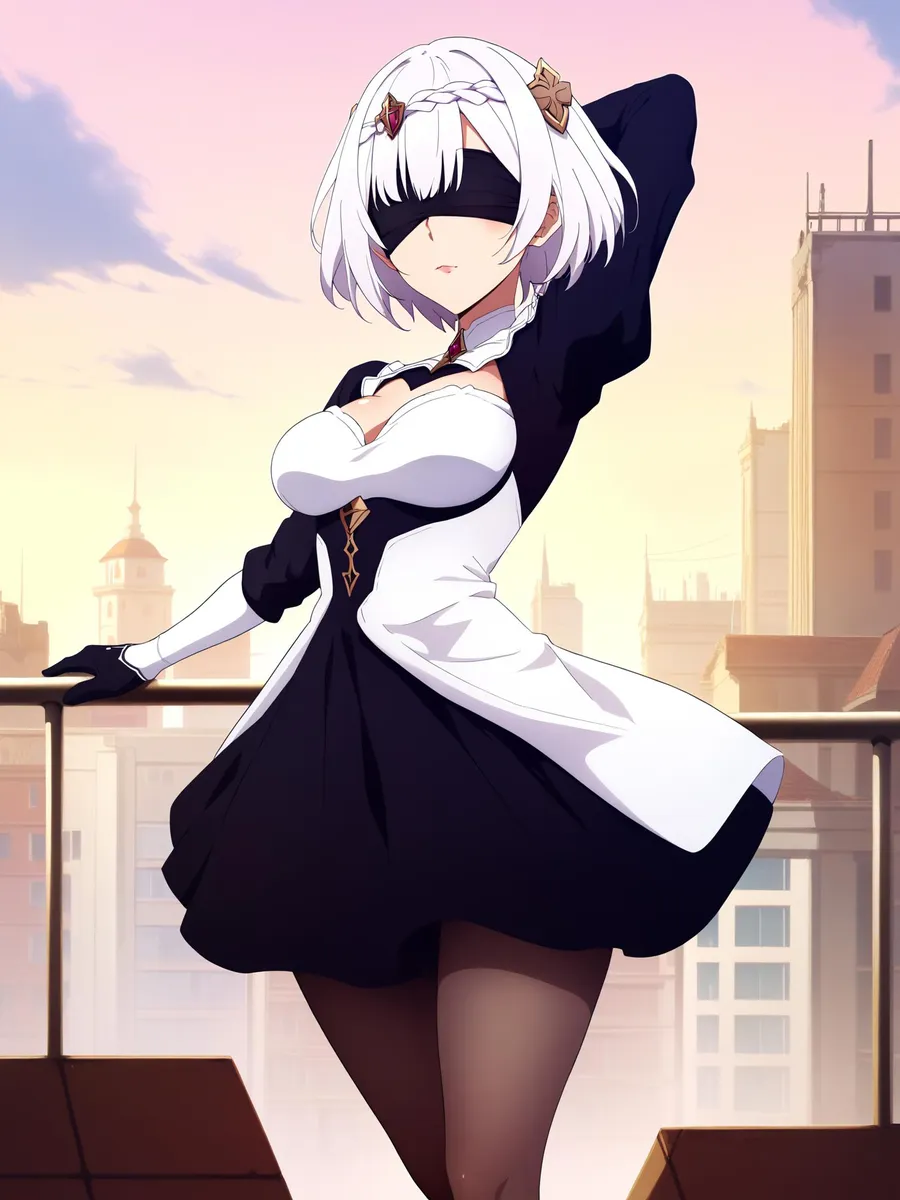 An AI generated image using stable diffusion depicting an anime maid with a white blindfold over her eyes, dressed in a black and white maid outfit, standing on a rooftop against a cityscape at dusk.