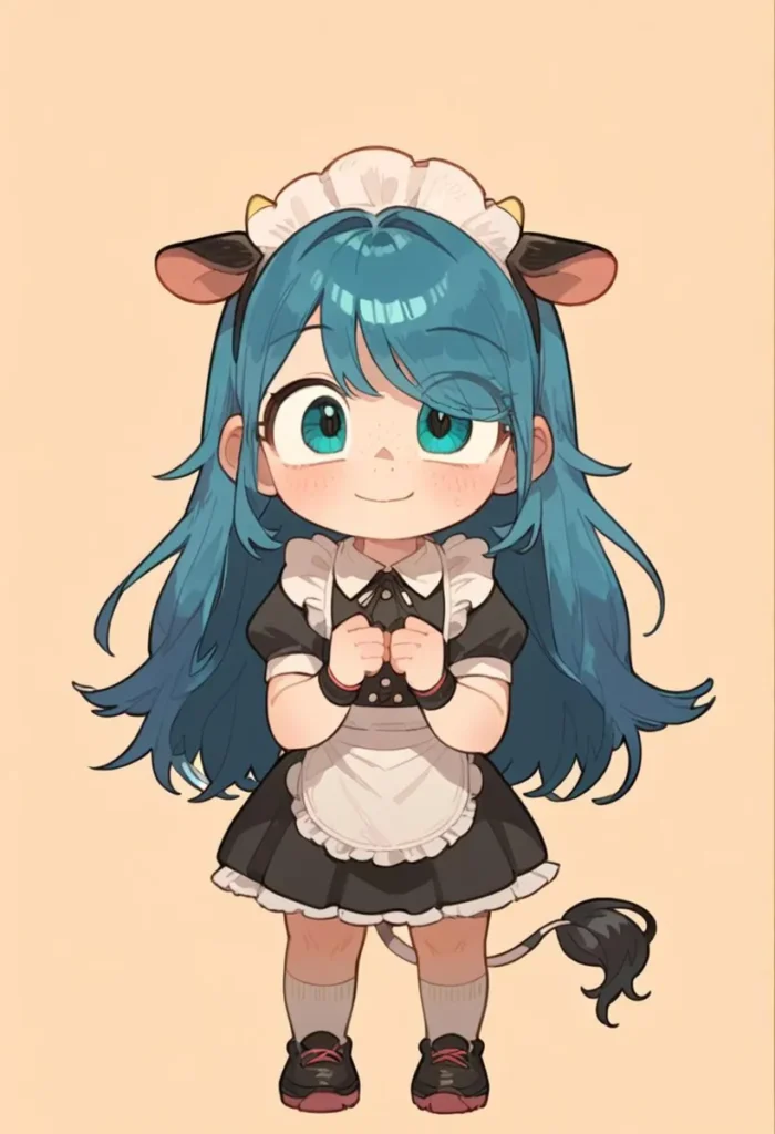 A cute anime girl with blue hair dressed as a maid, generated using stable diffusion AI.