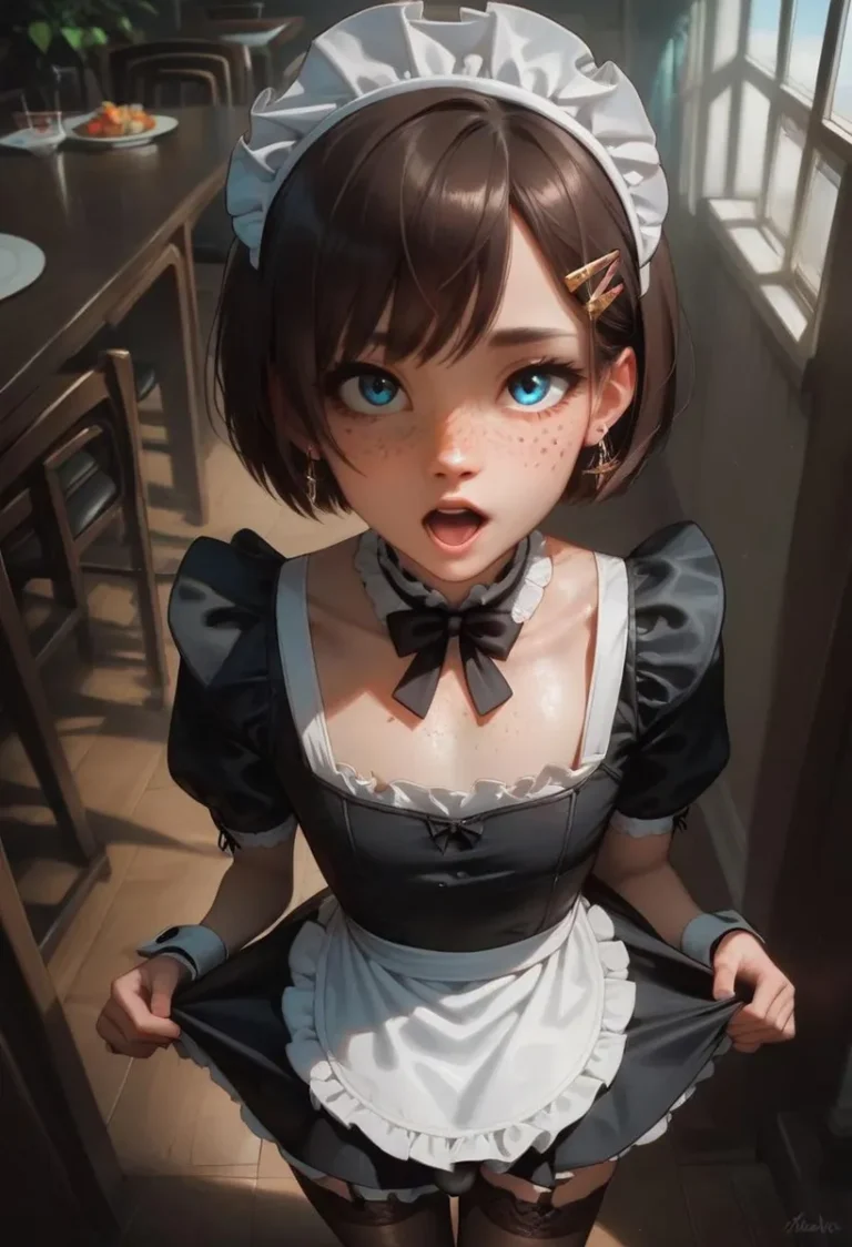 Digital painting of an anime maid girl with bright blue eyes, short brown hair, and a freckled face. She wears a classic maid outfit with a white apron, black dress, and white frilled headband. The background includes a sunlit room with a wooden table.