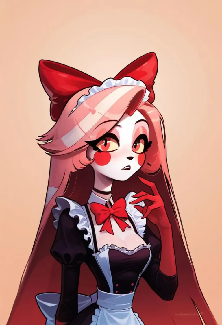 Anime maid with red bow and black outfit, AI generated using stable diffusion.
