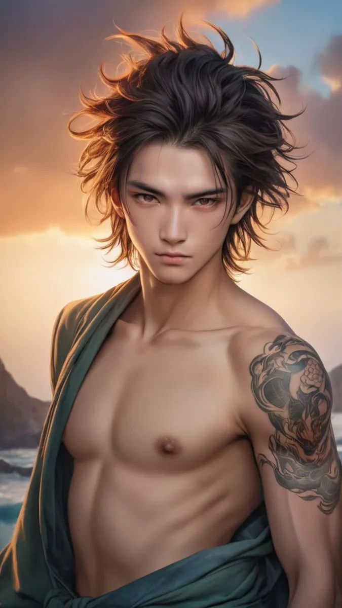 Handsome anime man with a distinctive dragon tattoo on his upper arm, generated by AI using stable diffusion.