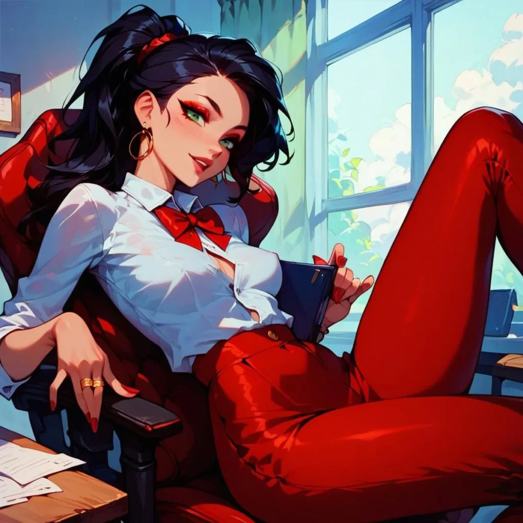 Anime-style woman in a white blouse and red pants lounging in an office chair with a window in the background, AI-generated using Stable Diffusion.