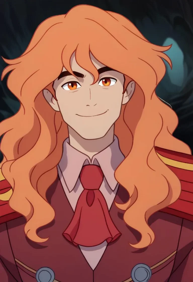 An AI-generated anime character with long orange hair and a formal red uniform created using Stable Diffusion.