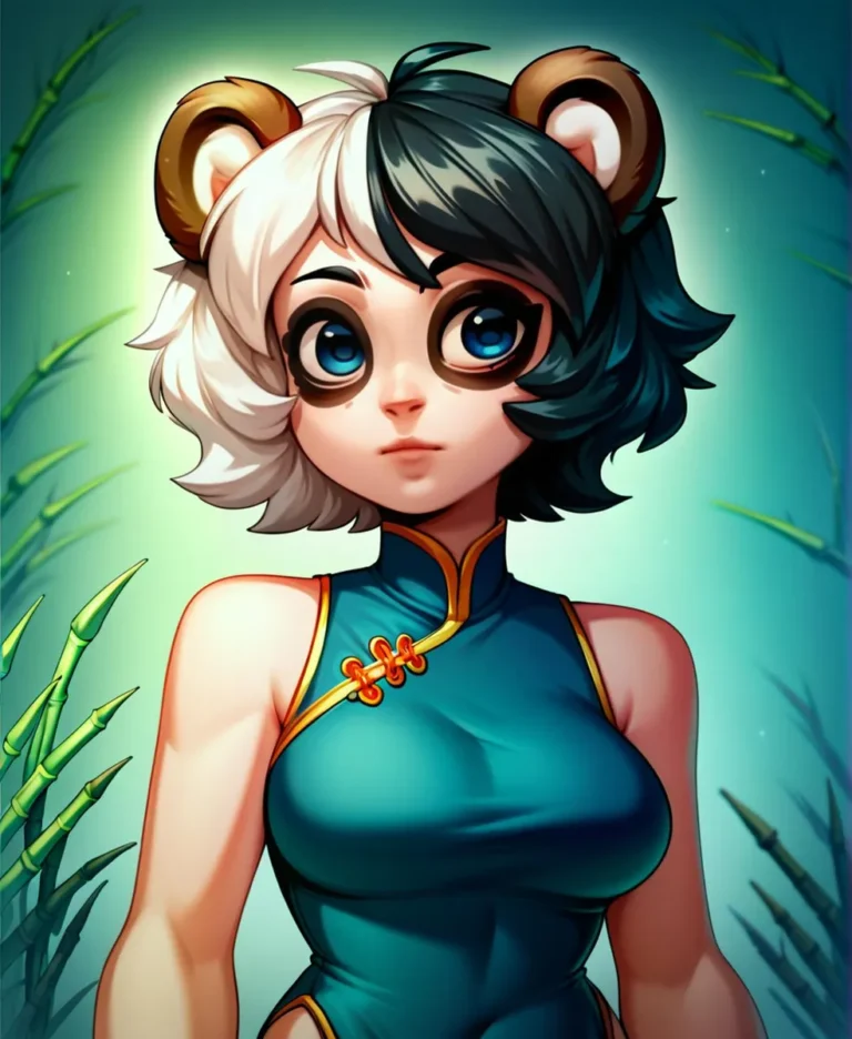 A cute anime girl with large blue eyes, panda ears, and a black and white hairstyle, wearing a teal Chinese-style dress with golden accents. This is an AI-generated image using Stable Diffusion.