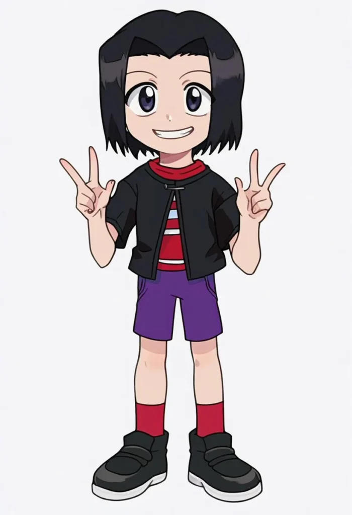 Cute anime boy with black hair, wearing a black jacket, red and white striped shirt, purple shorts, and black shoes, posing with both hands showing peace signs. This is an AI-generated image using Stable Diffusion.