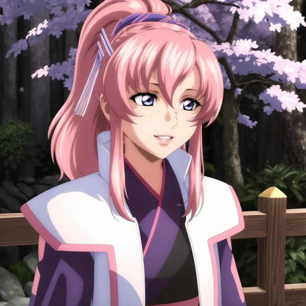 AI generated image of an anime-style girl with pink hair in a serene outdoor area, surrounded by blooming cherry blossoms, created using Stable Diffusion.