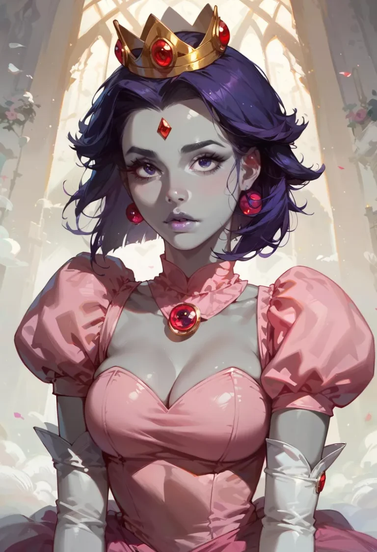 Anime princess with dark purple hair wearing a golden crown with red jewels, a pink dress, and matching accessories in a fantasy setting, AI generated using stable diffusion.