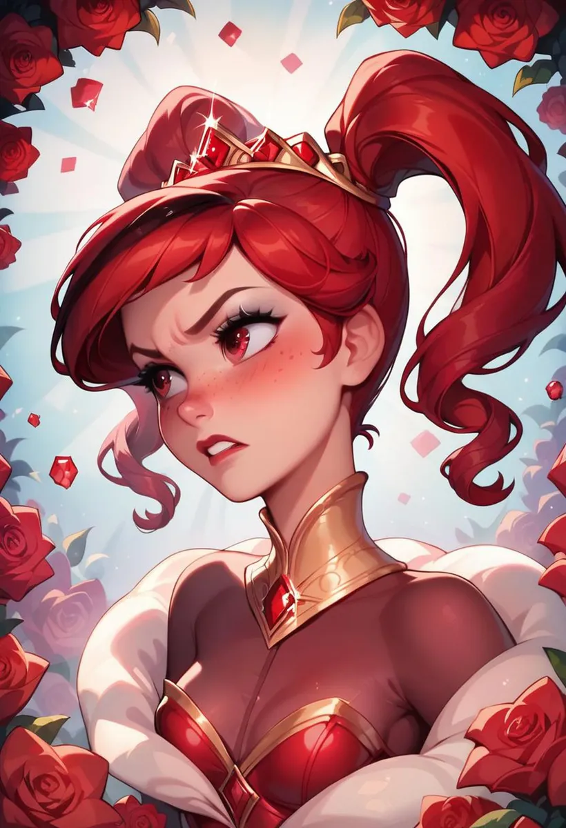 AI generated image of an anime-styled red-haired princess wearing a golden crown with red jewels, surrounded by roses, created using Stable Diffusion.