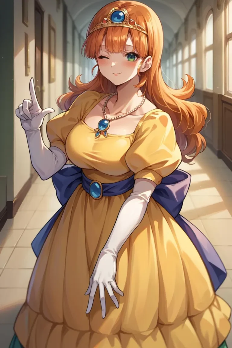 Anime princess with red hair in a yellow dress, wearing white gloves and a tiara, created using Stable Diffusion.