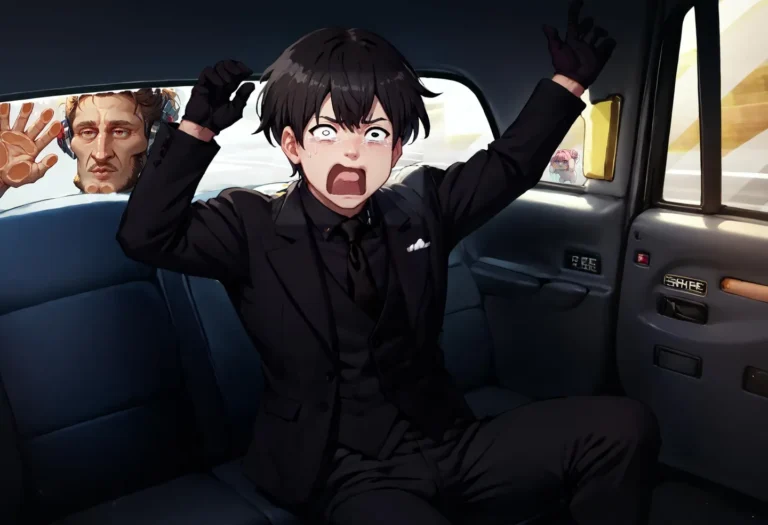 Anime character in a black suit screaming in fear inside a taxi, with a person's face seen through the rear window, AI-generated image using Stable Diffusion.