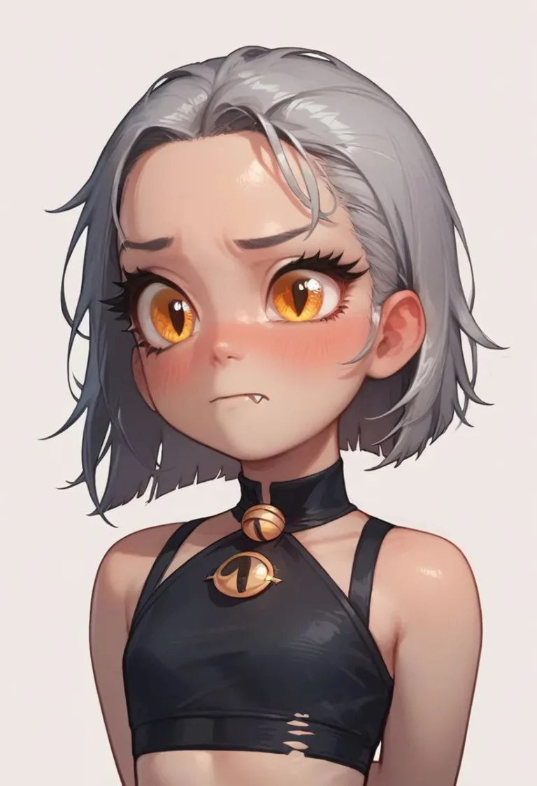 AI generated image of an anime vampire girl with short gray hair, large orange eyes, and wearing a black outfit