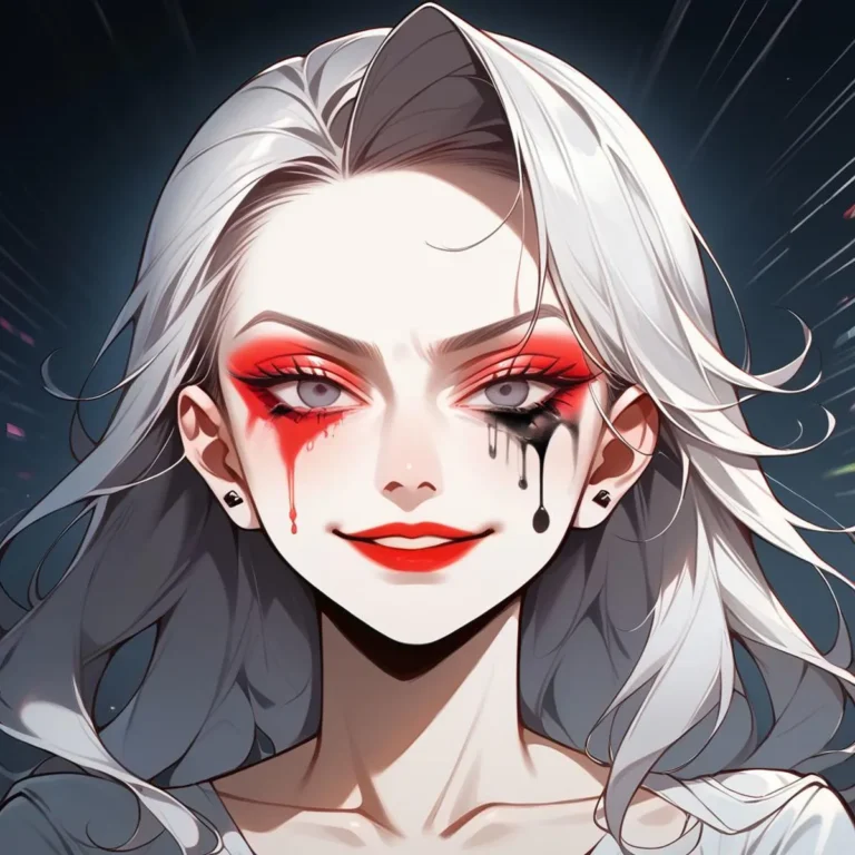 An AI generated image of an anime vampire woman with white hair, red eyeshadow, and black and red tears.
