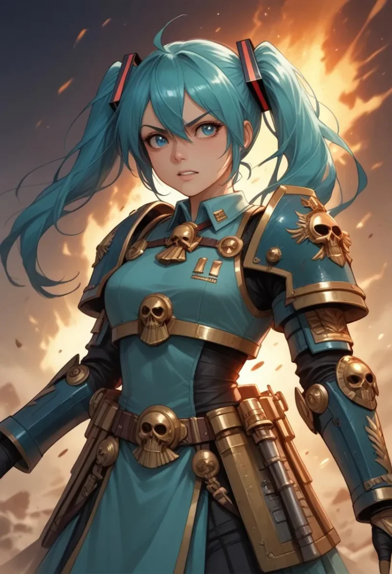 Anime warrior with teal twin tails in futuristic blue armor with skull motifs, created using Stable Diffusion.