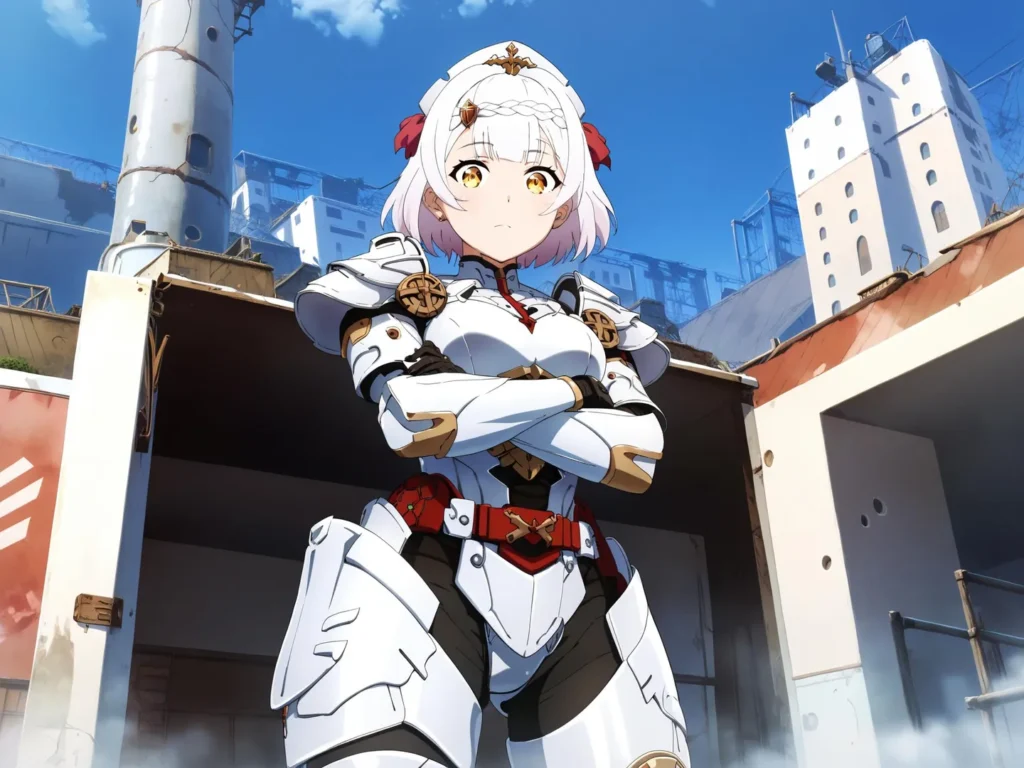 Anime girl in white and gold armor with crossed arms, standing in a futuristic post-apocalyptic cityscape. AI generated image using stable diffusion.