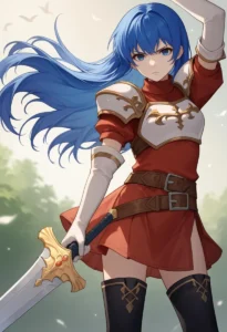 Anime warrior female fighter with blue hair in armor, holding a sword. AI generated image using Stable Diffusion.