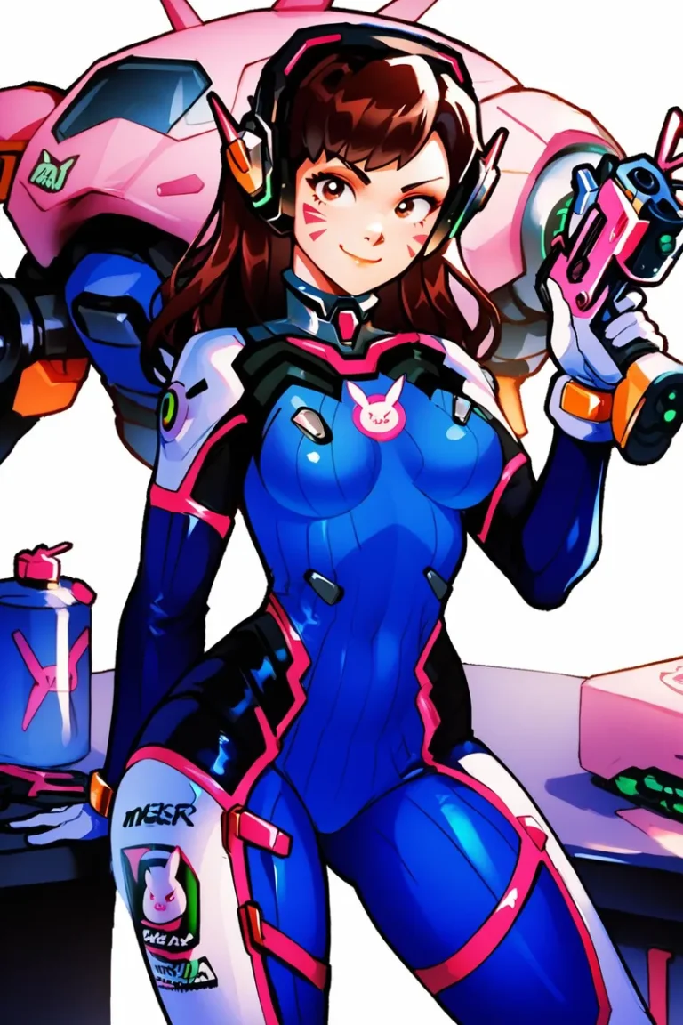 An AI-generated image of an anime character wearing a blue, black, and pink futuristic warrior suit, with a pink mech in the background, created using Stable Diffusion.