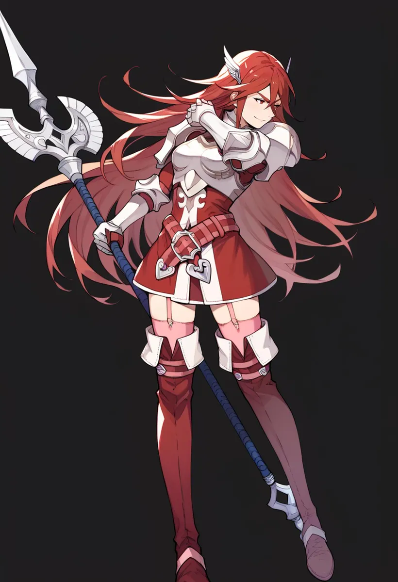 An AI generated image of an anime-style warrior with long red hair, dressed in white and red armor, holding a large, ornate double-sided weapon on a black background using stable diffusion.