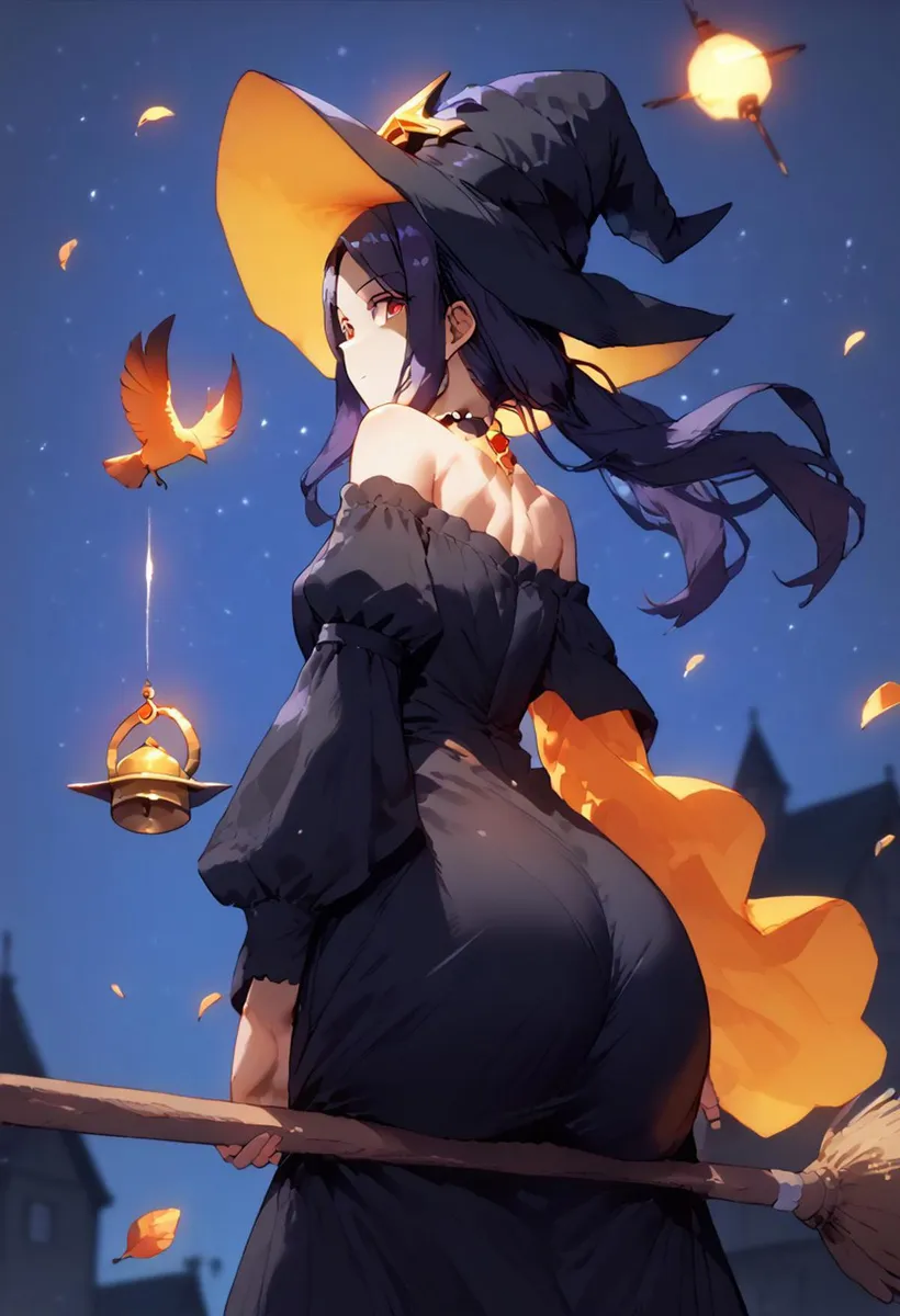 An AI generated image using stable diffusion of a beautiful anime witch with long purple hair and a black dress, holding a broomstick in a Halloween night setting.