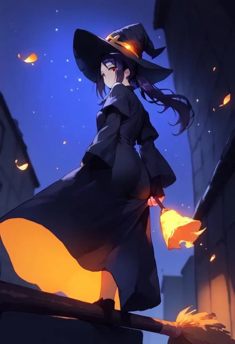 Anime witch with a broomstick in hand and wearing a traditional witch hat, standing in a dark alley with a starry night sky, generated using AI Stable Diffusion.