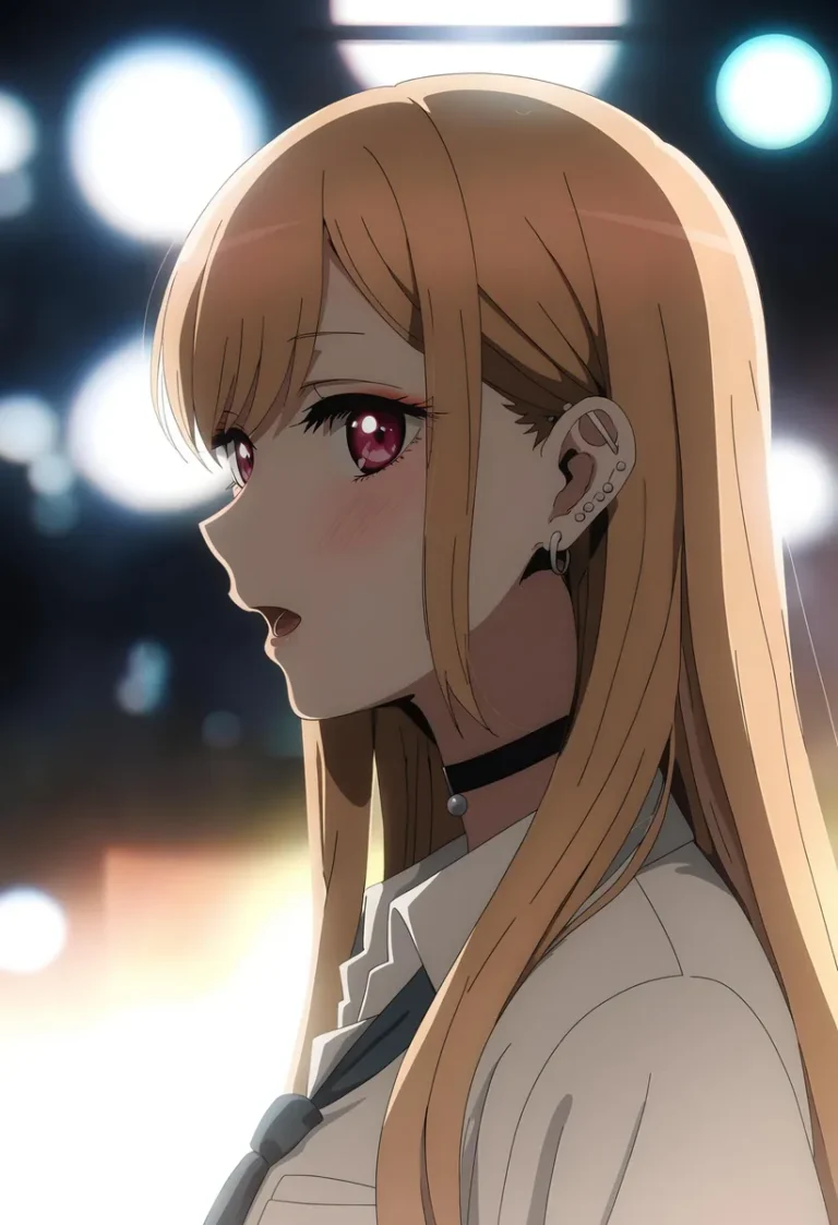 A side profile of an anime woman with long blond hair and red eyes. The image is AI generated using Stable Diffusion.