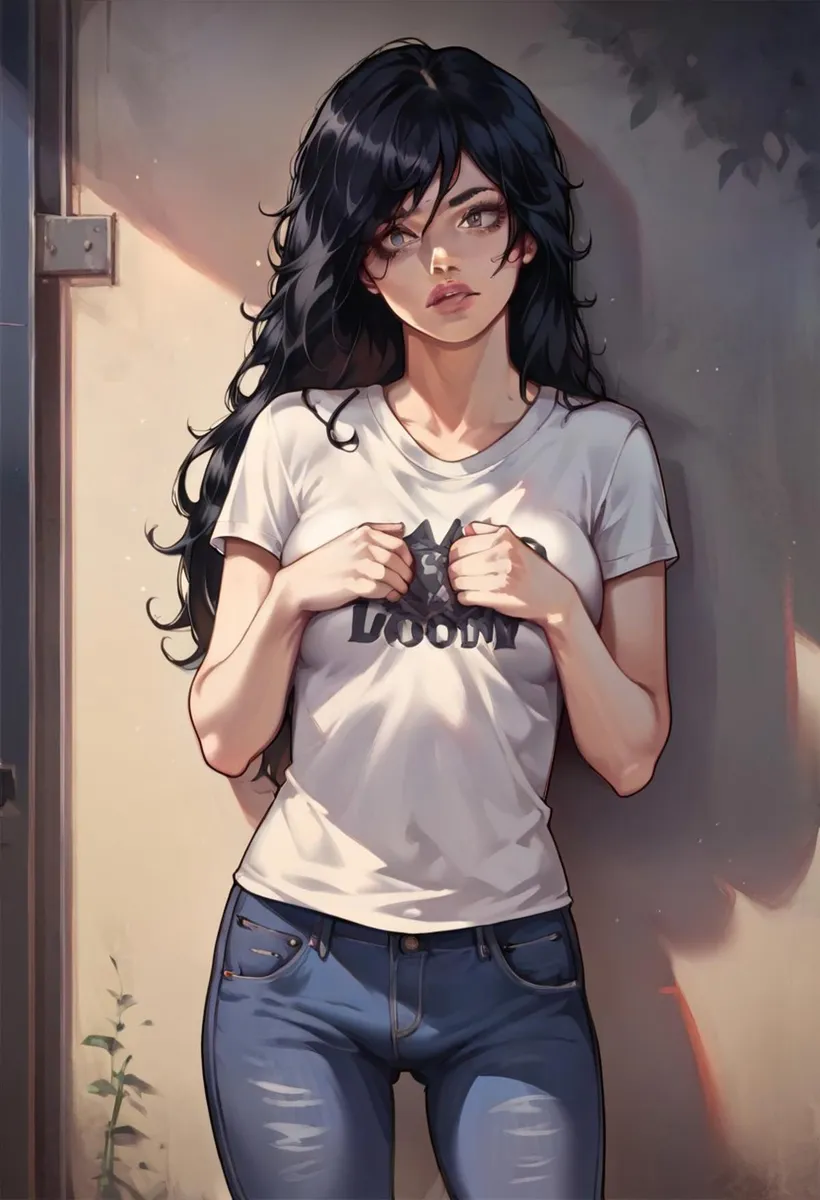 Anime-style dark-haired woman wearing a white shirt standing against a wall. This is an AI generated image using Stable Diffusion.