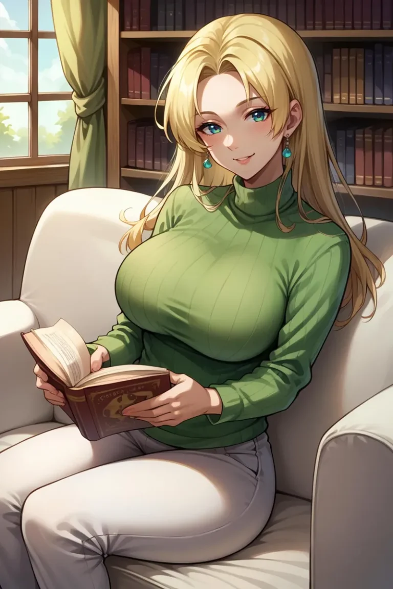 Anime depiction of a blonde woman in a green sweater reading a book in a cozy room, AI generated with Stable Diffusion.