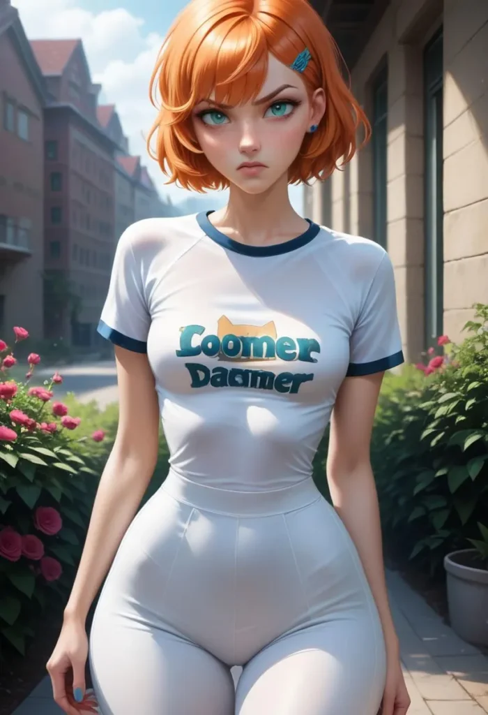 AI generated image of an anime style woman with red hair, standing in an urban setting. She is wearing a white shirt with blue trim that says 'Coomer Dammer' and a tight lower outfit.